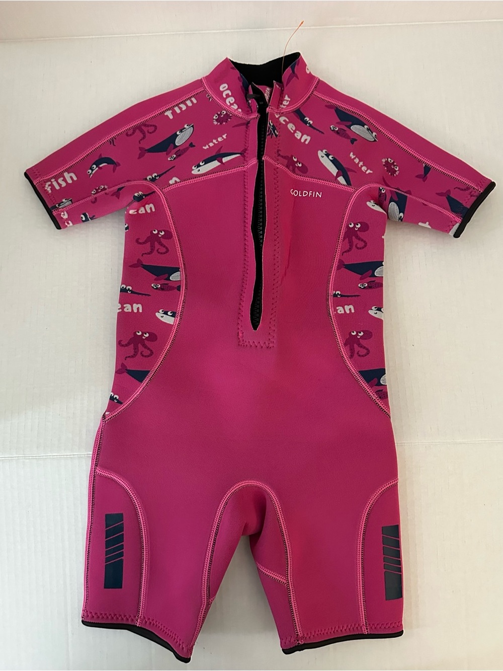 GoldFin Girls Wetsuit Size 4 Pink Shark Ocean Neoprene Shorty Front Zip Swim